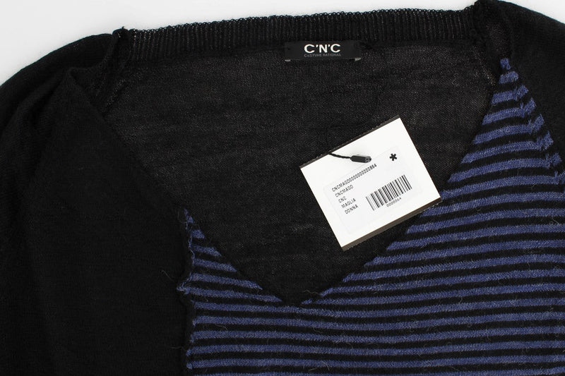 Black striped V-neck sweater - Avaz Shop