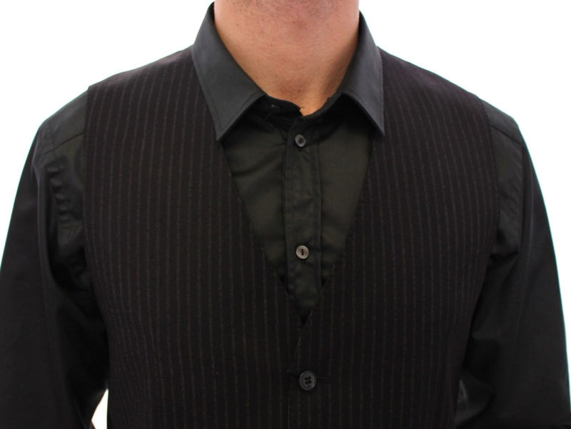 Black Striped Wool Single Breasted Vest - Avaz Shop