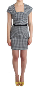 Black White Checkered Belted Sheath Dress - Avaz Shop