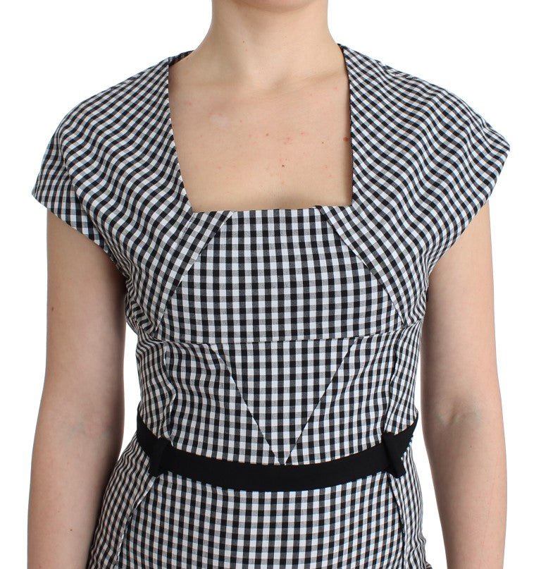 Black White Checkered Belted Sheath Dress - Avaz Shop