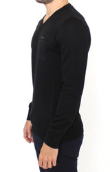 Black Wool Blend V-neck Pullover Sweater - Avaz Shop