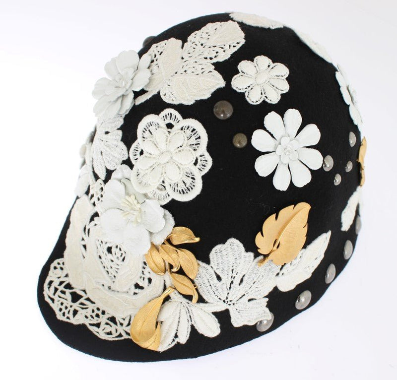 Black Wool White Floral Gold Leaf Hat - Avaz Shop