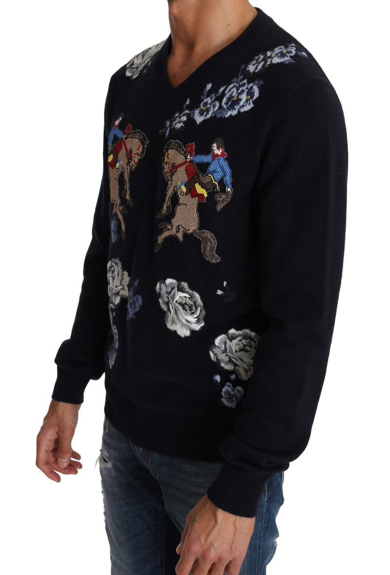 Blue Cowboy Roses V-neck Cashmere Sweater - Avaz Shop