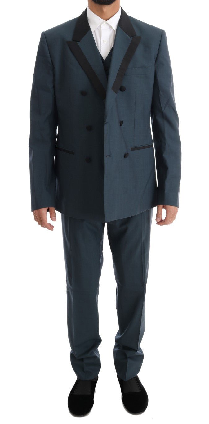 Blue Wool Double Breasted 3 Piece Suit - Avaz Shop