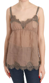 Brown Lace Spaghetti Strap Plunging Top Blouse - Avaz Shop