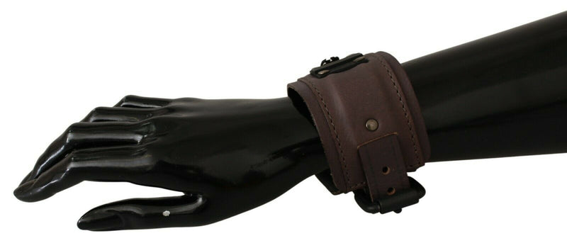 Brown Leather Branded Wide Buckle Closure Bracelet - Avaz Shop