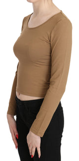 Brown Round Neck Long Sleeve Slim Crop Top Blouse - Avaz Shop