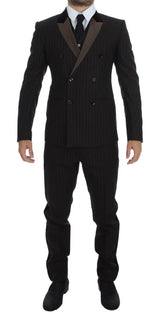 Brown Striped Wool Slim 3 Piece Suit Tuxedo - Avaz Shop