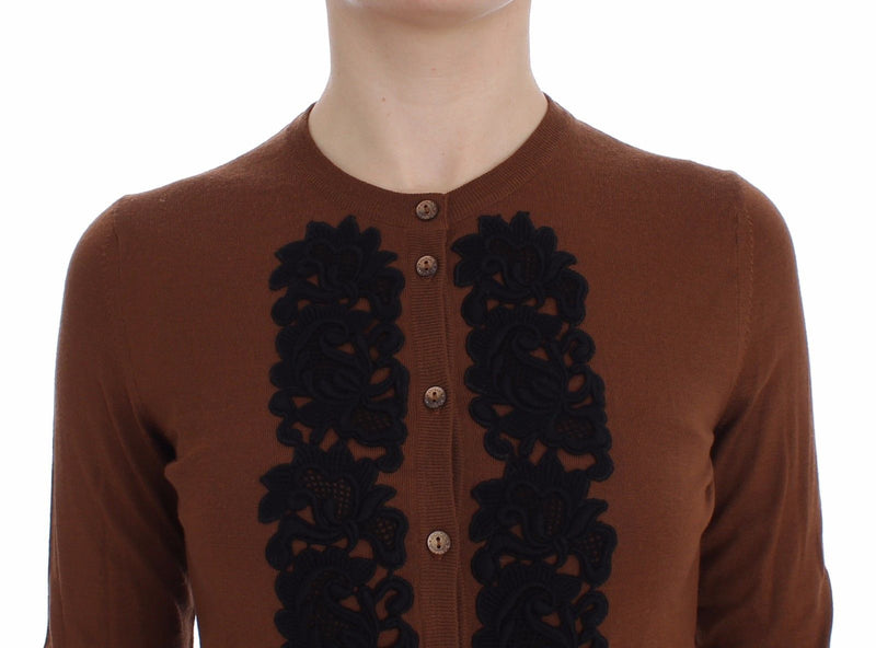 Brown Wool Black Lace Cardigan Sweater - Avaz Shop