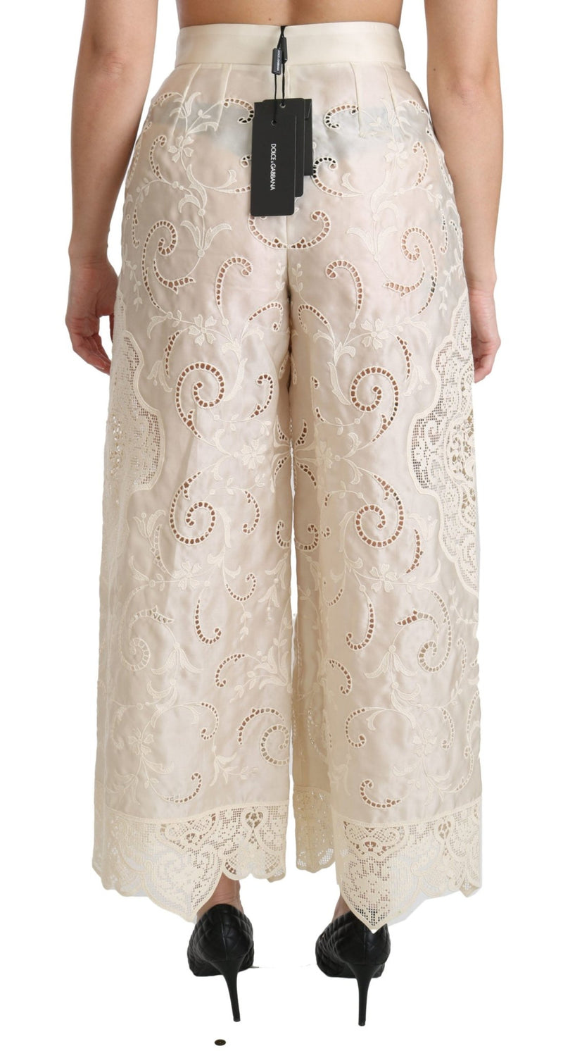 Cream Lace High Waist Palazzo Cropped Pants - Avaz Shop