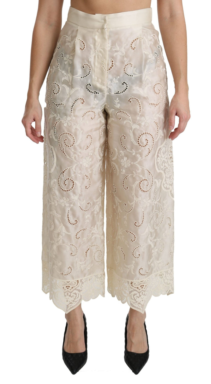 Cream Lace High Waist Palazzo Cropped Pants - Avaz Shop