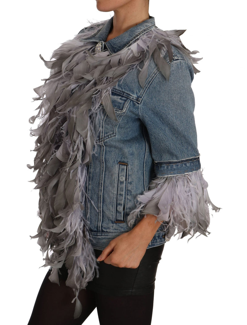 Denim Jacket Feathers Embellished Buttons - Avaz Shop