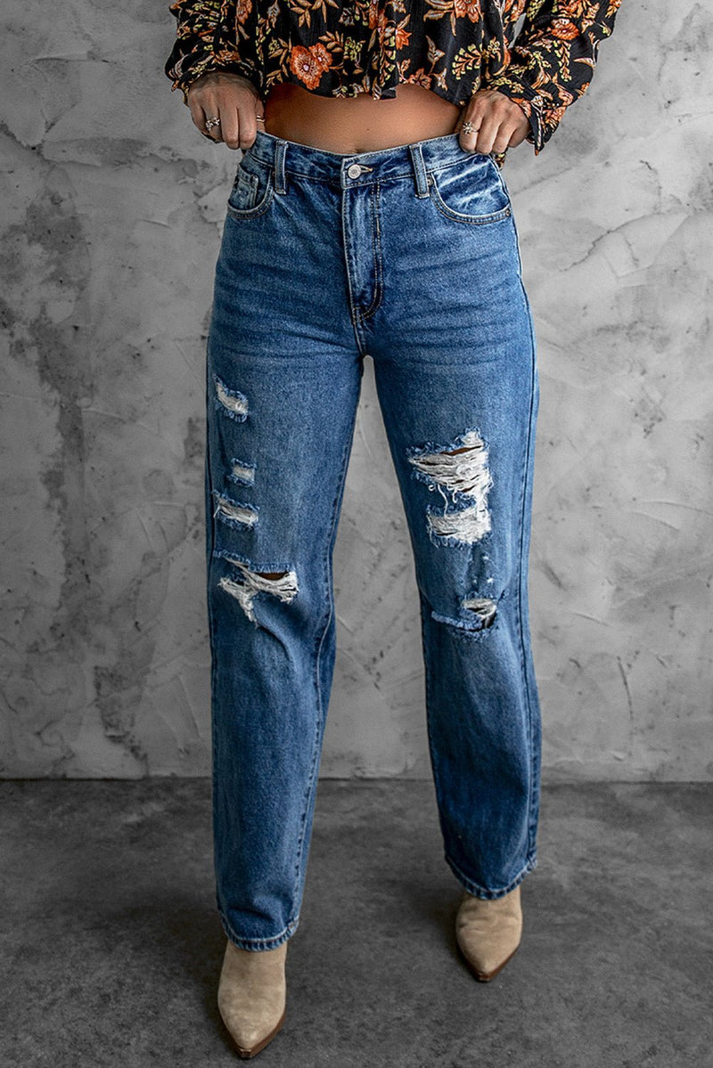 Distressed High Waist Jeans with Pockets - Avaz Shop