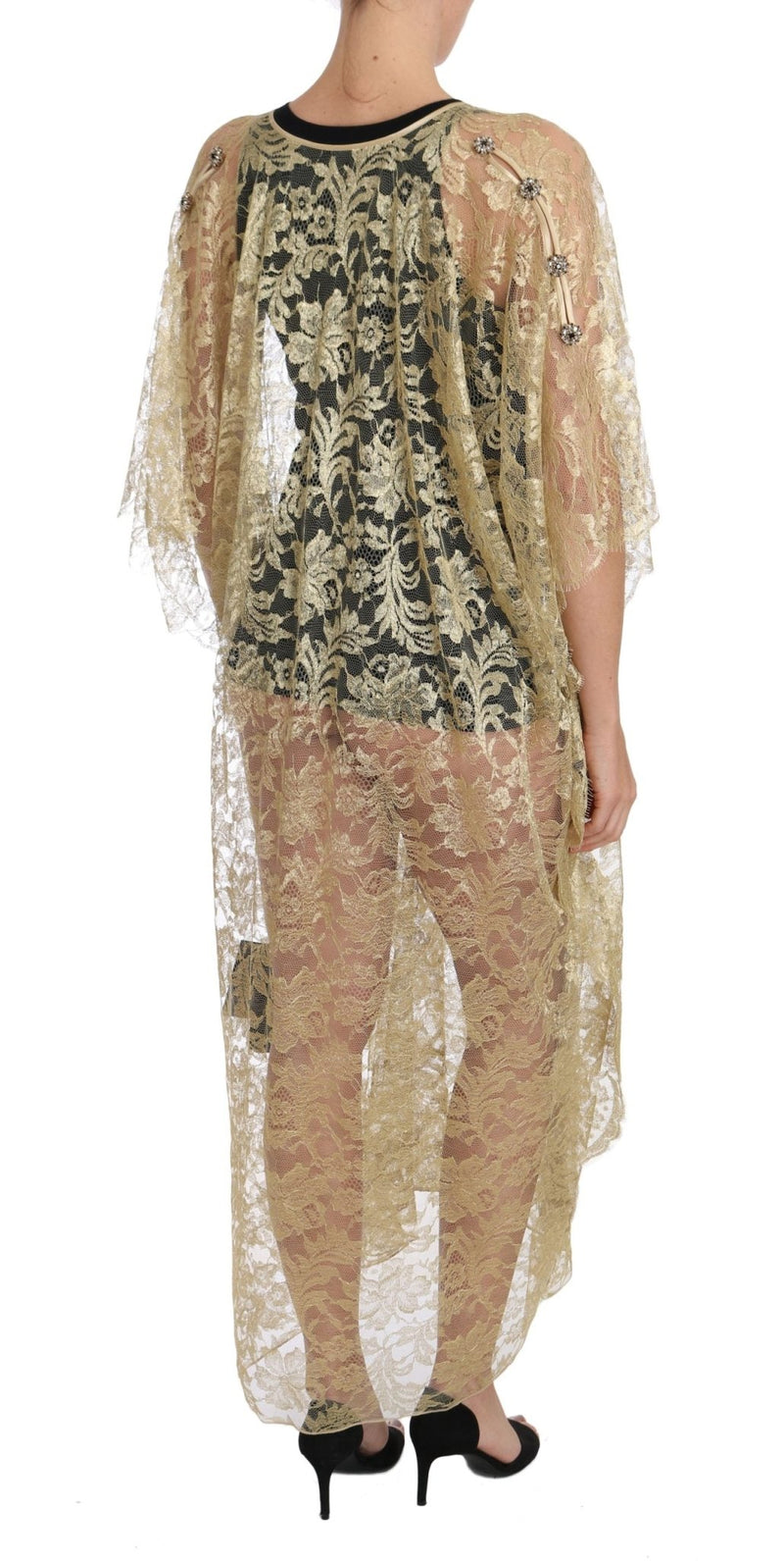 Gold Floral Lace Crystal Gown Cape Dress - Avaz Shop