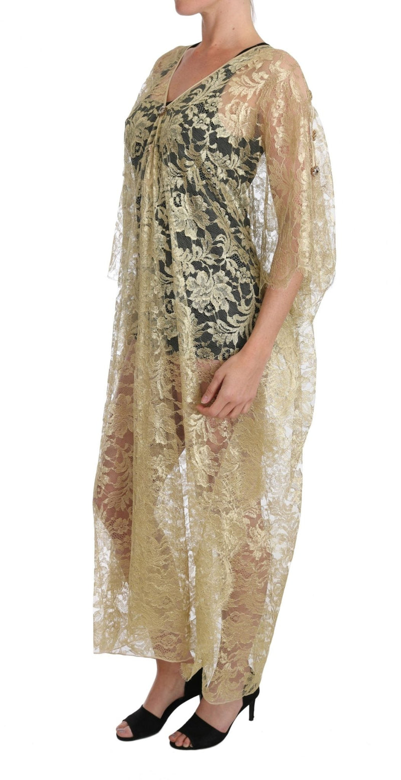 Gold Floral Lace Crystal Gown Cape Dress - Avaz Shop