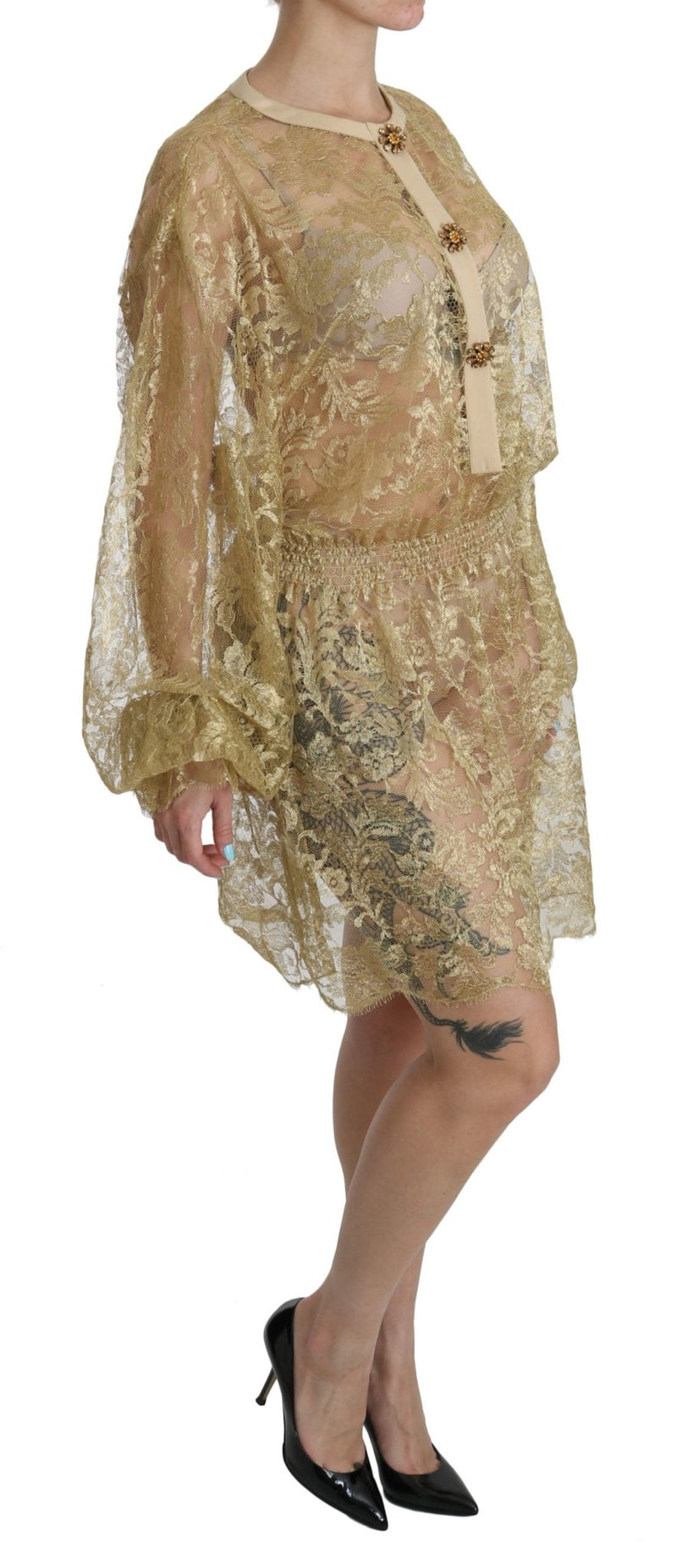 Gold Lace See Through A-Line Knee Length Dress - Avaz Shop