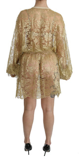 Gold Lace See Through A-Line Knee Length Dress - Avaz Shop