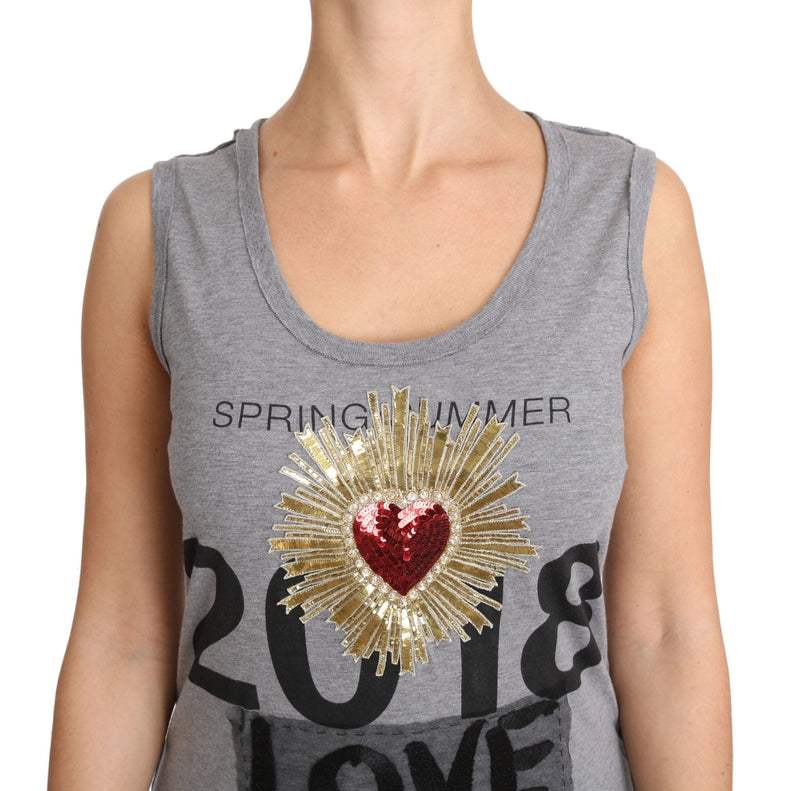Gray Tank Top Crystal Sequined Heart T-shirt - Avaz Shop
