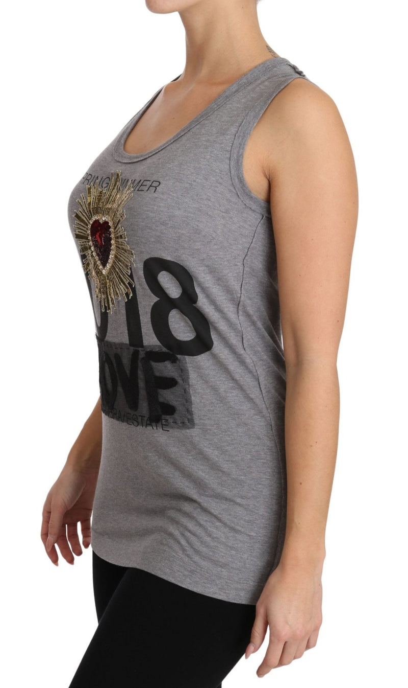 Gray Tank Top Crystal Sequined Heart T-shirt - Avaz Shop