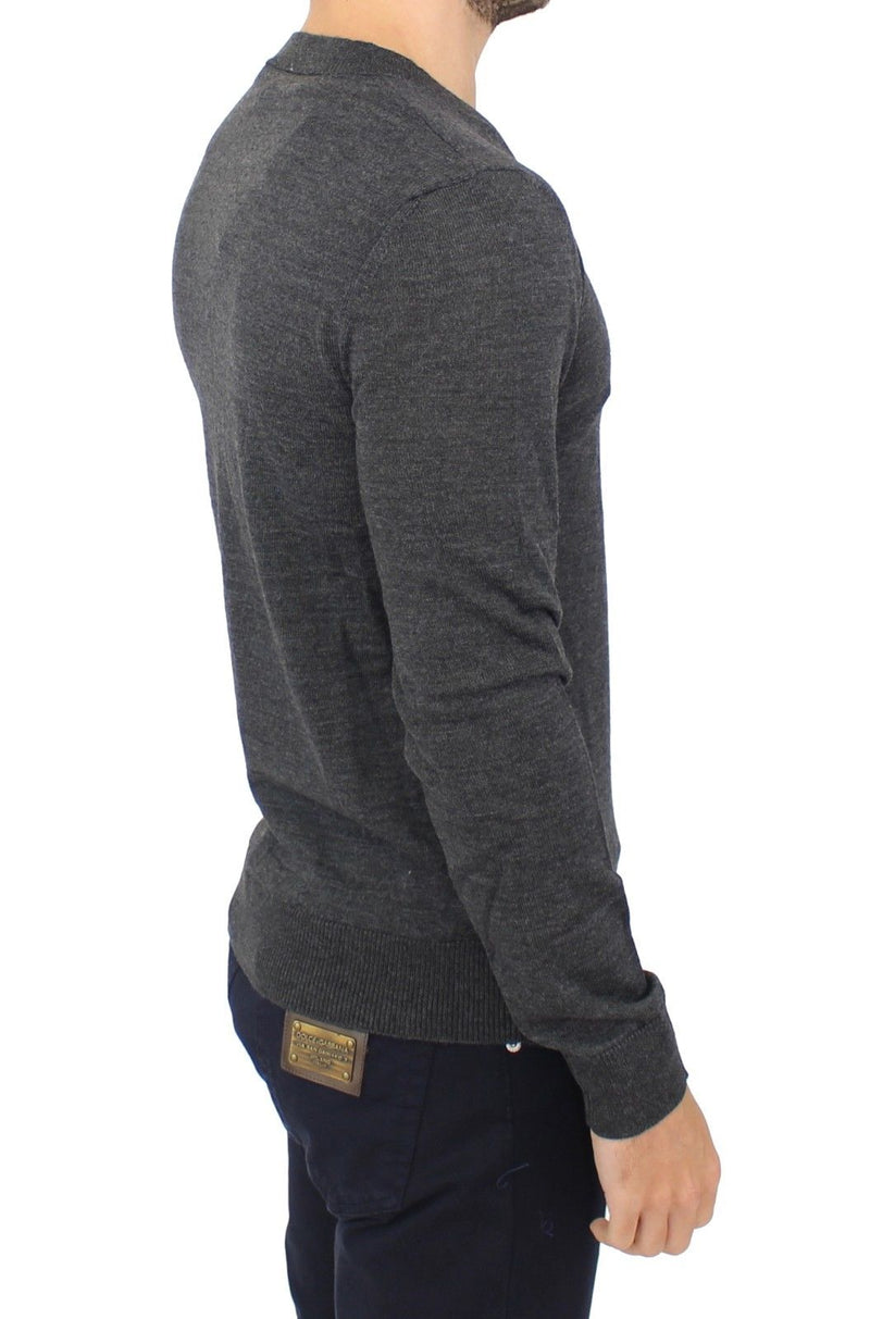 Gray Wool Blend V-neck Pullover Sweater - Avaz Shop