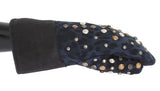 Gray Wool Shearling Studded Blue Leopard Gloves - Avaz Shop