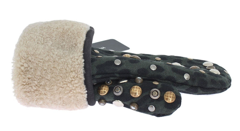 Gray Wool Shearling Studded Green Leopard Gloves - Avaz Shop