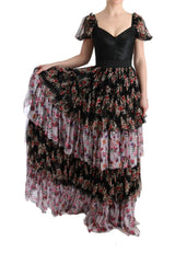 Multicolor Silk Stretch Floral Shift Long Dress - Avaz Shop