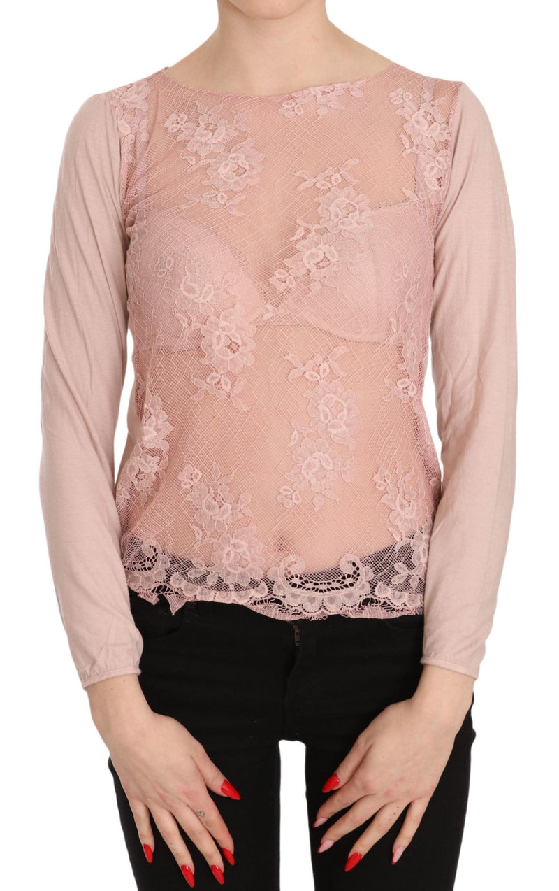 Pink Lace See Through Long Sleeve Top Blouse - Avaz Shop