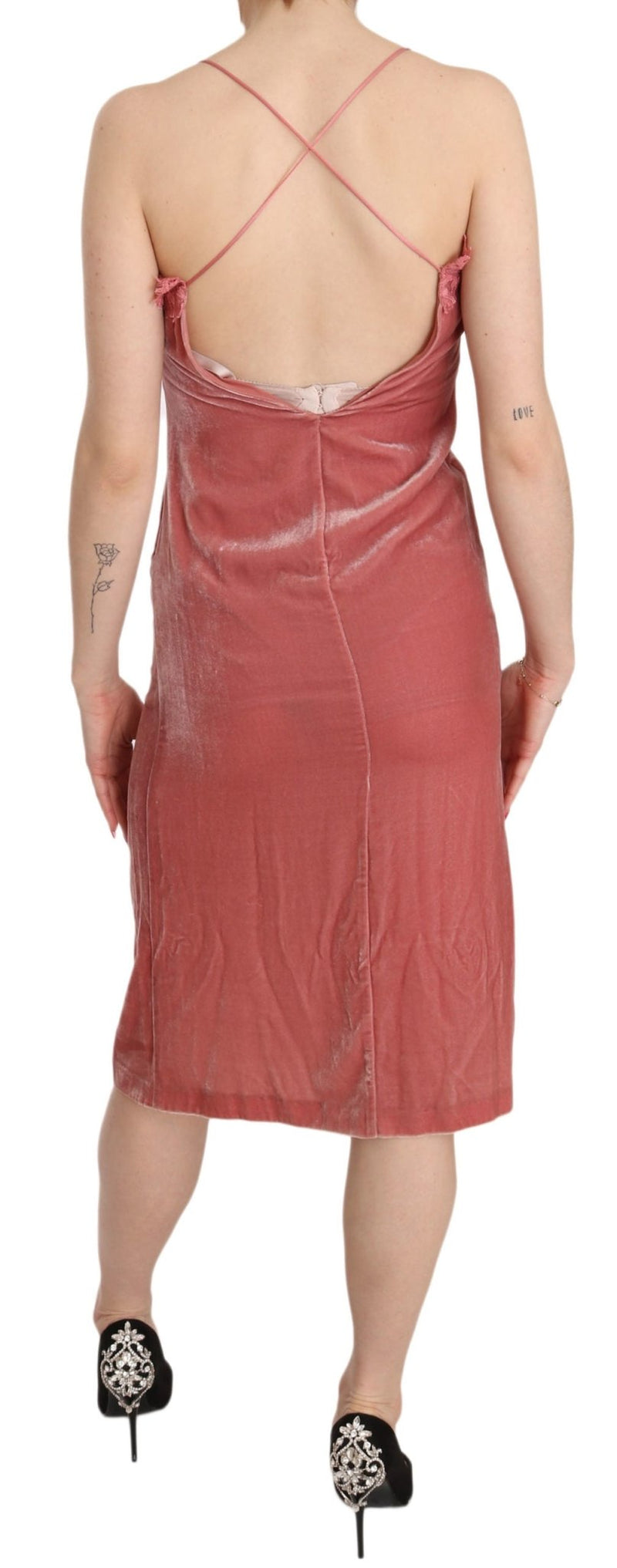 Pink Lace Spaghetti Strap Side Slit Shift Midi Dress - Avaz Shop
