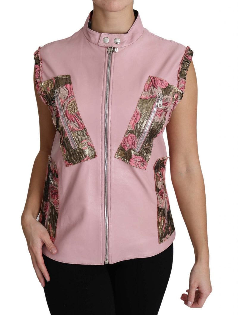 Pink Zippered Lamb Sleeveless Vest Leather Jacket - Avaz Shop