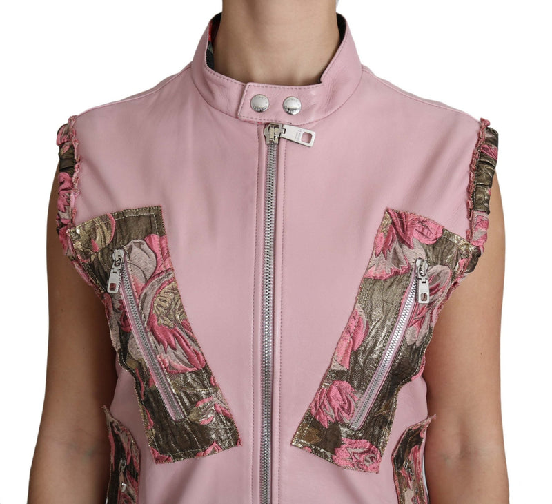 Pink Zippered Lamb Sleeveless Vest Leather Jacket - Avaz Shop