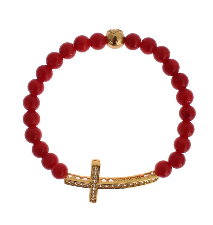 Red Coral Gold CZ Cross 925 Silver Bracelet - Avaz Shop