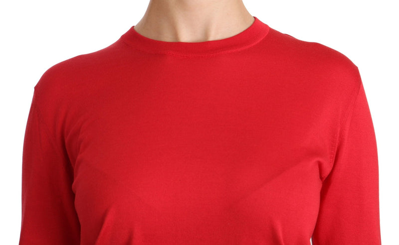 Red Crewneck Pullover Top Silk Sweater - Avaz Shop