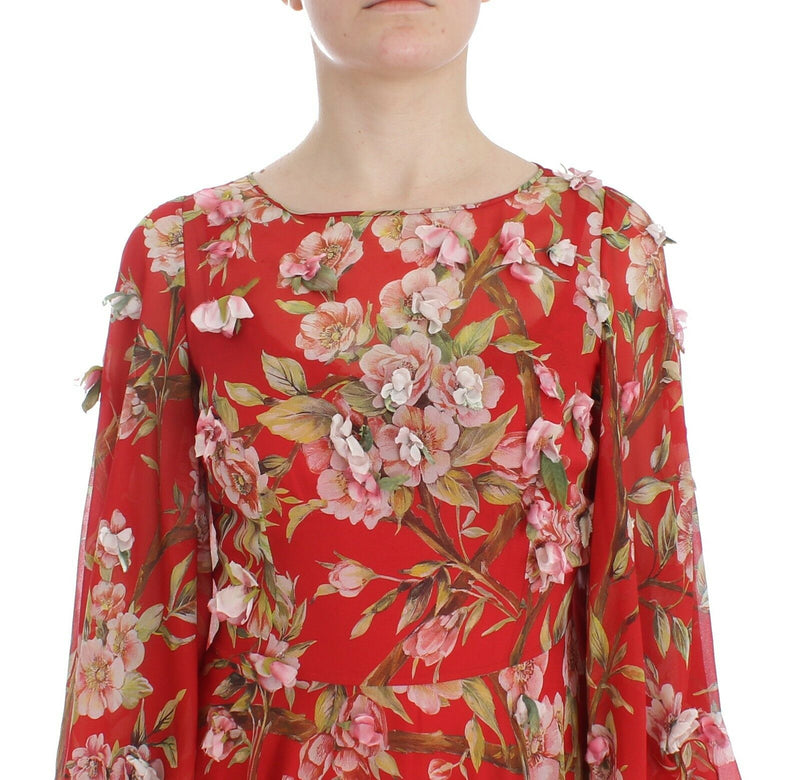 Red Floral Print Silk Maxi Runway Dress - Avaz Shop
