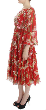 Red Floral Print Silk Maxi Runway Dress - Avaz Shop