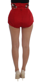 Red Silk Crystal Roses Shorts - Avaz Shop