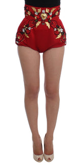 Red Silk Crystal Roses Shorts - Avaz Shop