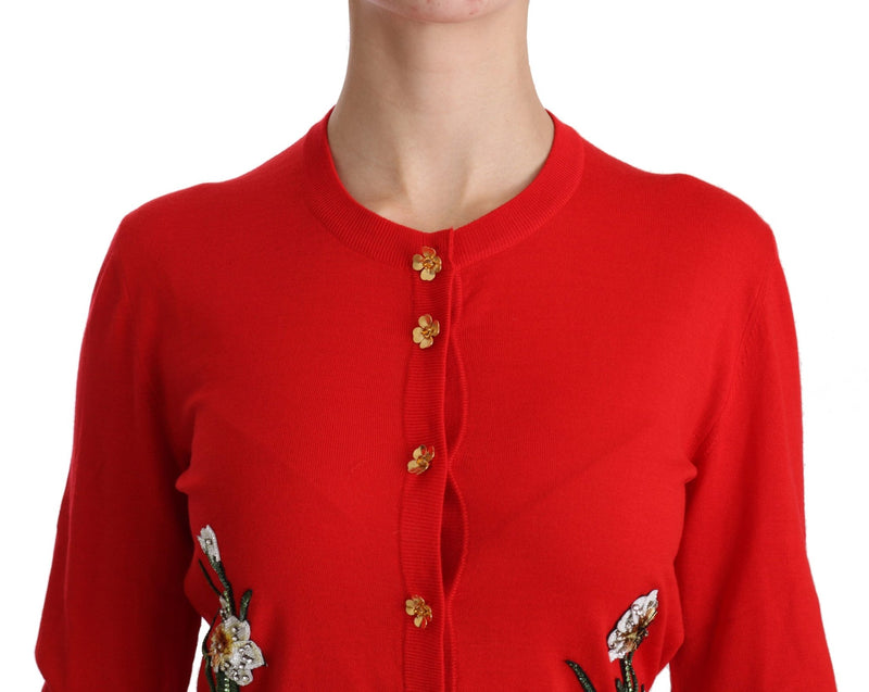 Red Wool Crystal Floral Cardigan Sweater - Avaz Shop