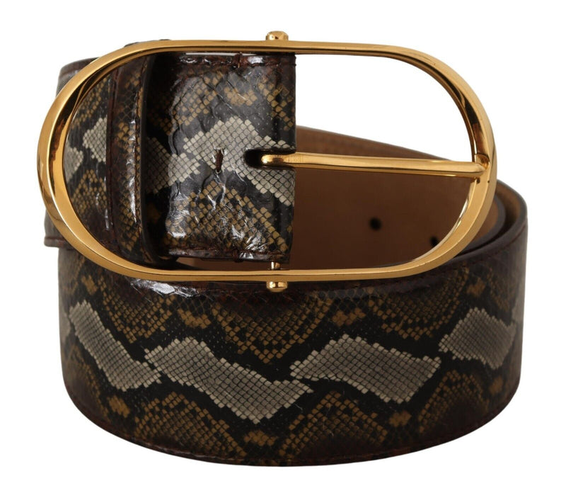 Brown Python Leather Gold Oval Buckle Belt