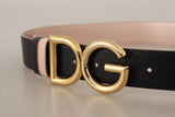 Black Pink Leather Gold Logo Buckle Belt