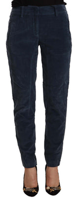 Blue Mid Waist Cotton Stretch Tapered Pants
