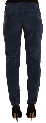 Blue Mid Waist Cotton Stretch Tapered Pants