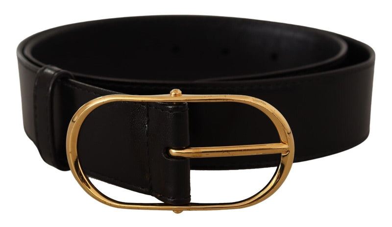Black Leather Gold Metal Oval Buckle Belt