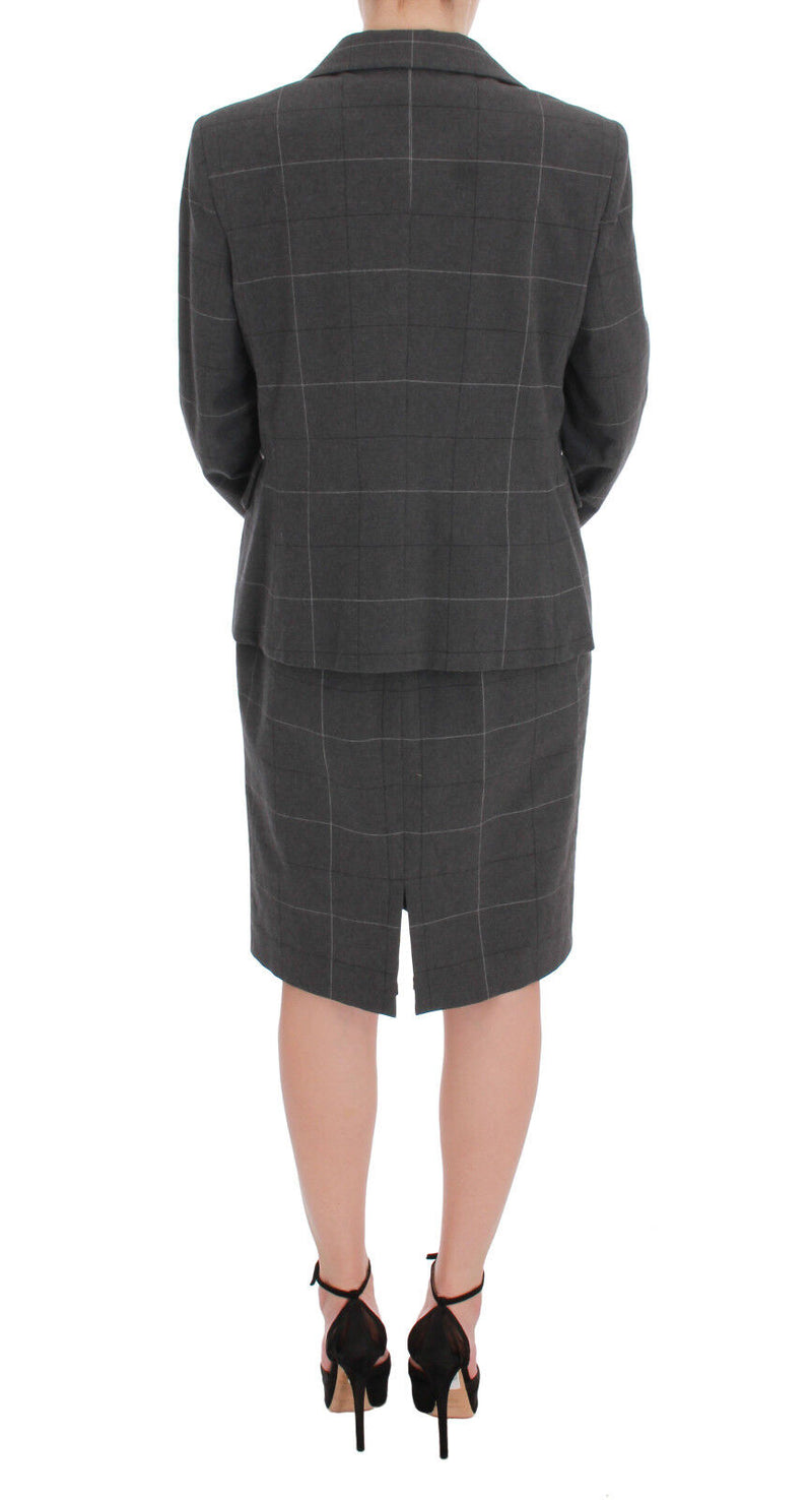 Gray Checkered Cotton Blazer Dress Set Suit