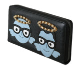 Black Blue Leather #DGFAMILY Zipper Continental Wallet
