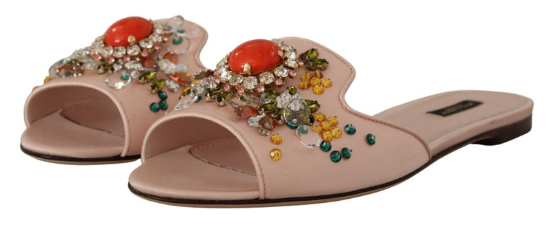 Light Pink Leather Crystals Slides Flats Shoes