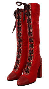 Red Stretch Lace Up Knee High Boots Shoes
