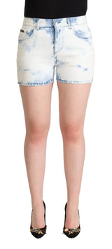 White Blue Dye Cotton Mid Waist Denim Shorts