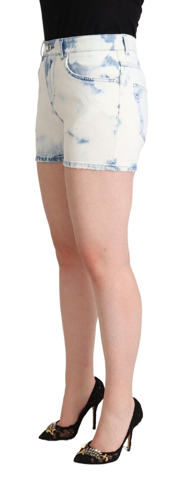 White Blue Dye Cotton Mid Waist Denim Shorts