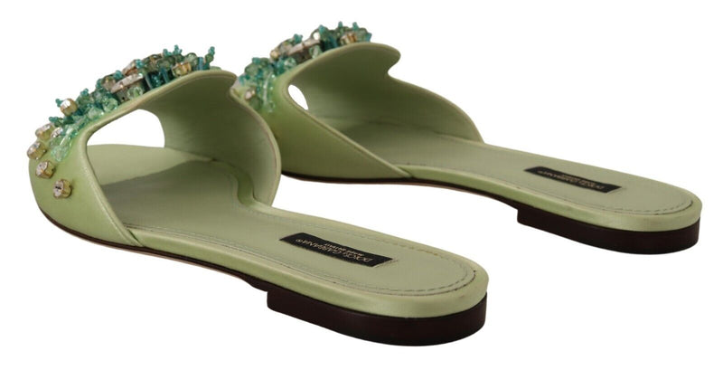 Green Leather Crystals Slides Women Flats Shoes